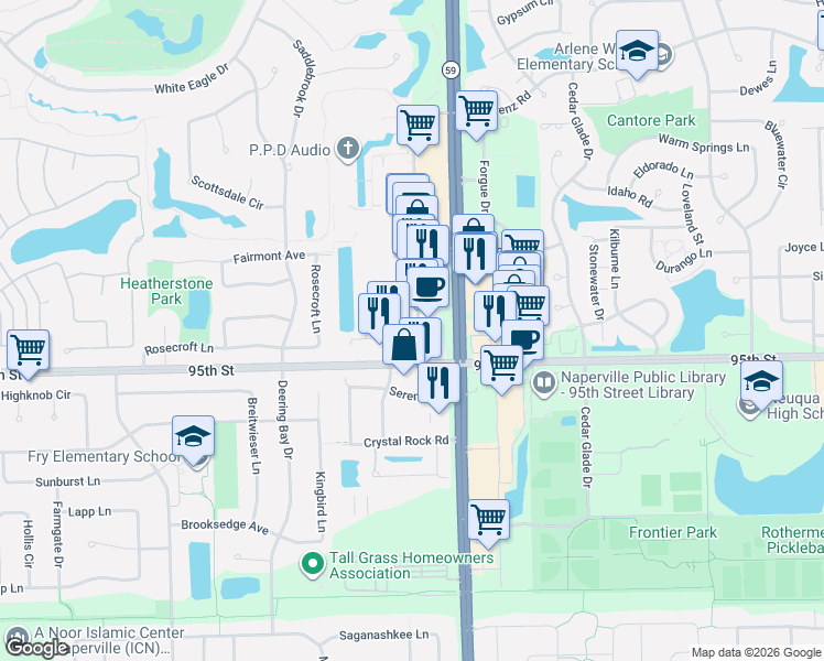 map of restaurants, bars, coffee shops, grocery stores, and more near 2936 Showplace Drive in Naperville