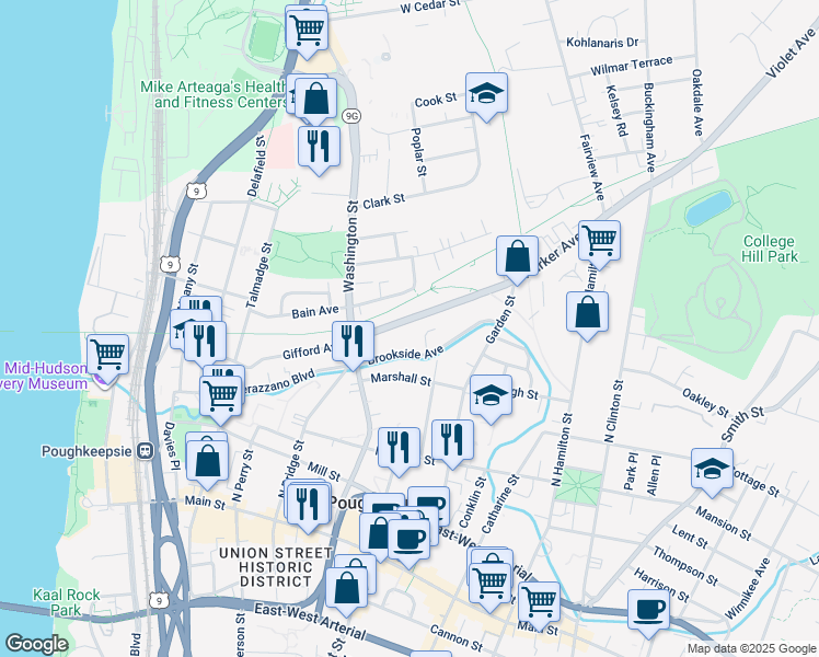 map of restaurants, bars, coffee shops, grocery stores, and more near 24 Parker Avenue in Poughkeepsie