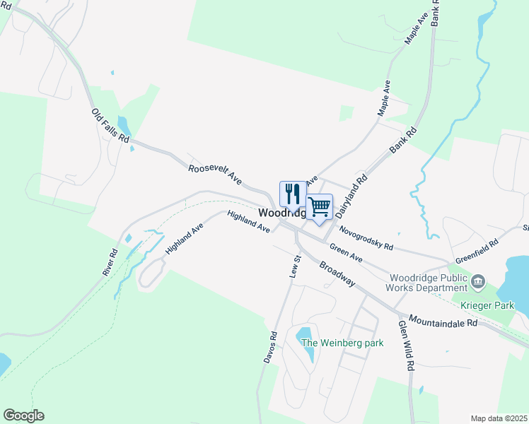 map of restaurants, bars, coffee shops, grocery stores, and more near 50 Highland Avenue in Woodridge