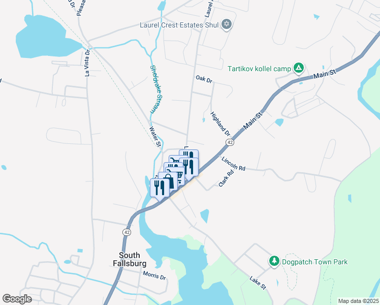 map of restaurants, bars, coffee shops, grocery stores, and more near 25 Laurel Avenue in South Fallsburg
