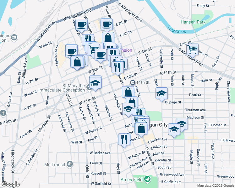 map of restaurants, bars, coffee shops, grocery stores, and more near in Michigan City