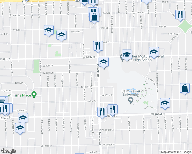 map of restaurants, bars, coffee shops, grocery stores, and more near 10022 South Pulaski Road in Oak Lawn