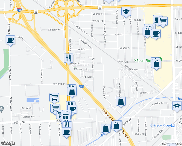 map of restaurants, bars, coffee shops, grocery stores, and more near 6990 100th Street in Chicago Ridge