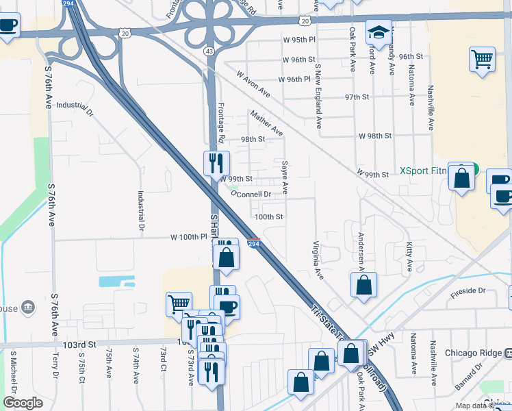 map of restaurants, bars, coffee shops, grocery stores, and more near 7030 100th Street in Chicago Ridge