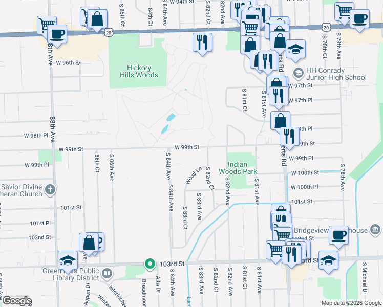 map of restaurants, bars, coffee shops, grocery stores, and more near 8351 99th Street in Palos Hills