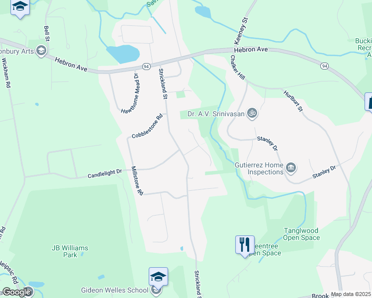 map of restaurants, bars, coffee shops, grocery stores, and more near 11 Sand Hill Lane in Glastonbury