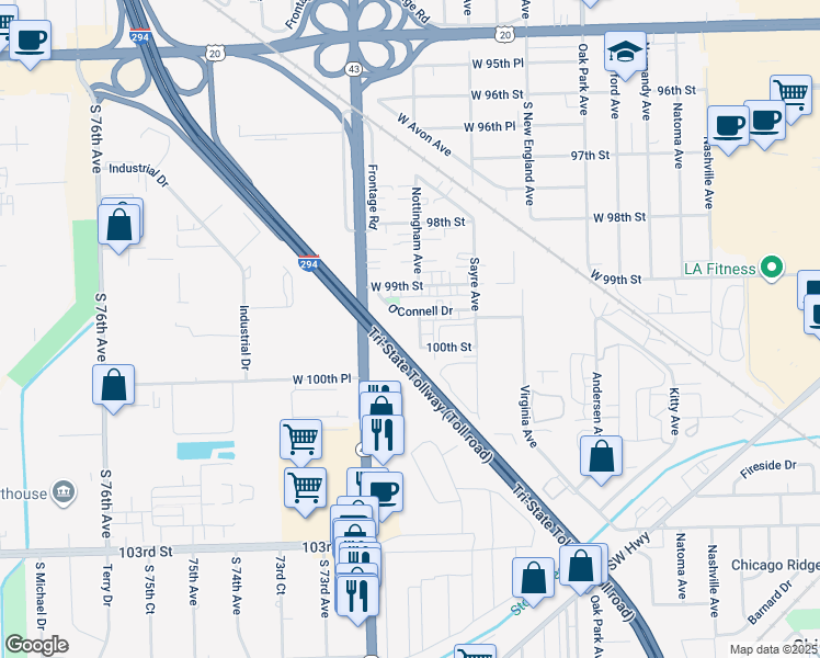map of restaurants, bars, coffee shops, grocery stores, and more near 9940 Nottingham Avenue in Chicago Ridge