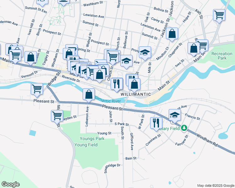 map of restaurants, bars, coffee shops, grocery stores, and more near 600 Main Street in Windham