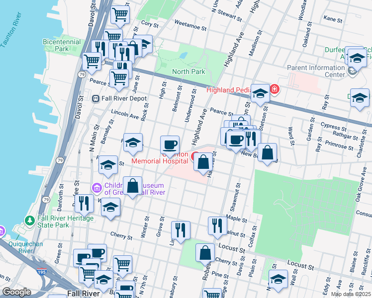map of restaurants, bars, coffee shops, grocery stores, and more near 362 Highland Avenue in Fall River