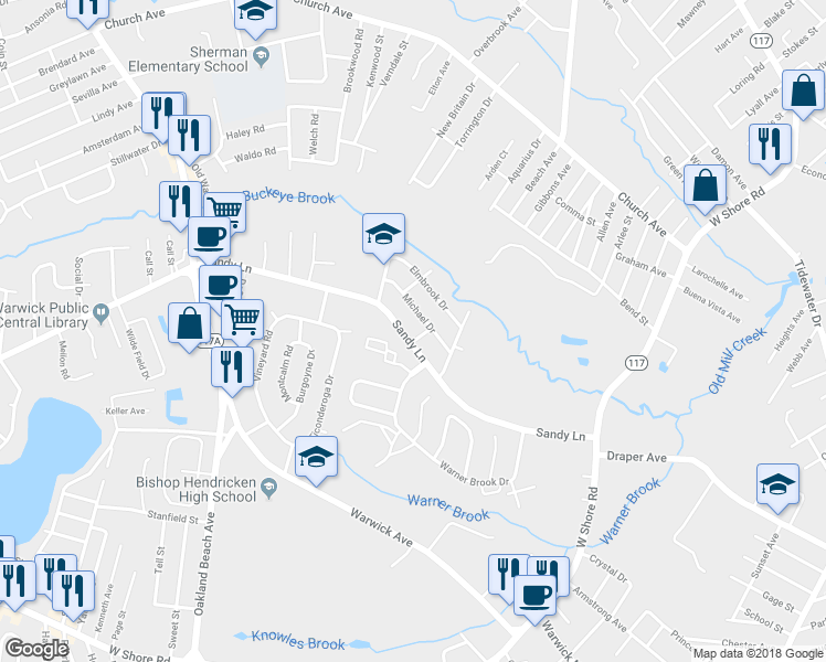 map of restaurants, bars, coffee shops, grocery stores, and more near 15 Castle Way in Warwick