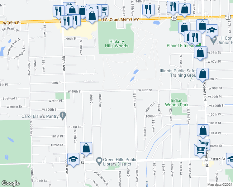 map of restaurants, bars, coffee shops, grocery stores, and more near 8531 West 99th Terrace in Palos Hills
