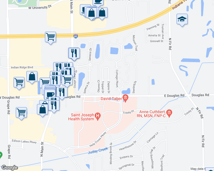 map of restaurants, bars, coffee shops, grocery stores, and more near 5507 Zappia Drive in Mishawaka