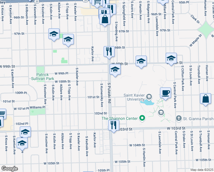 map of restaurants, bars, coffee shops, grocery stores, and more near 10022 South Pulaski Road in Oak Lawn