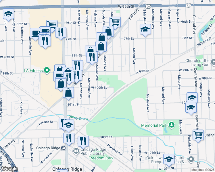 map of restaurants, bars, coffee shops, grocery stores, and more near 9957 Moody Avenue in Oak Lawn