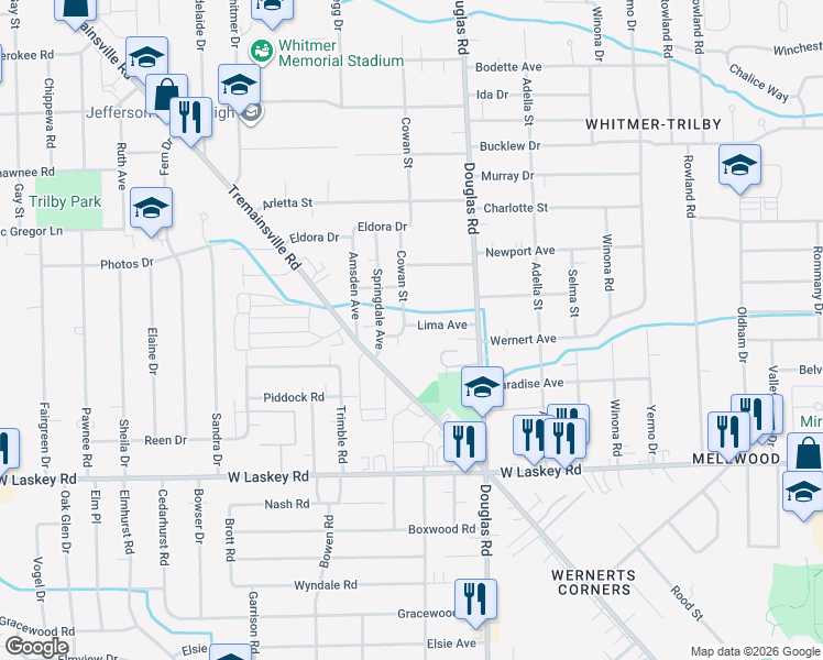 map of restaurants, bars, coffee shops, grocery stores, and more near 2621 Lima Avenue in Toledo