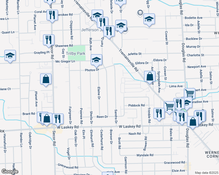 map of restaurants, bars, coffee shops, grocery stores, and more near 5211 Fern Drive in Toledo