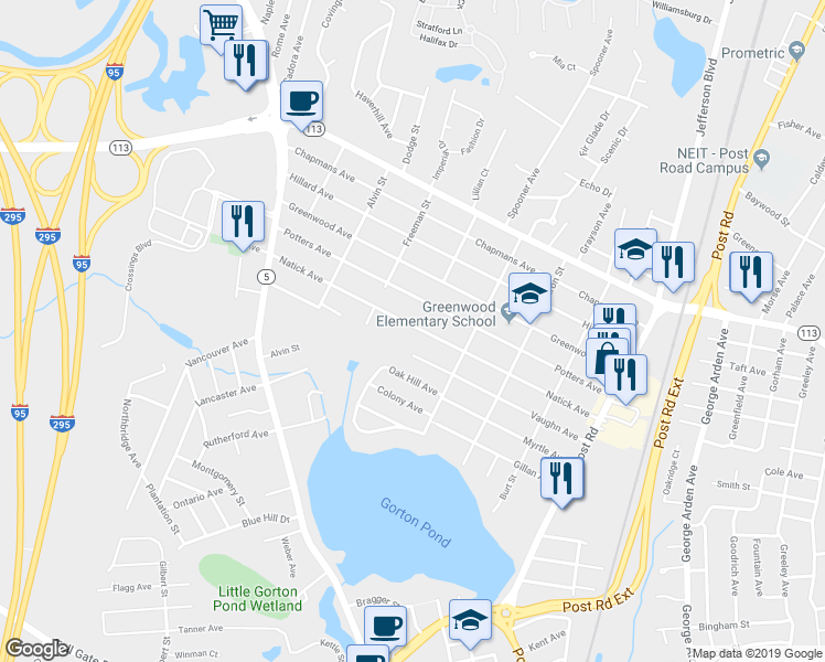 map of restaurants, bars, coffee shops, grocery stores, and more near 220 Natick Avenue in Warwick