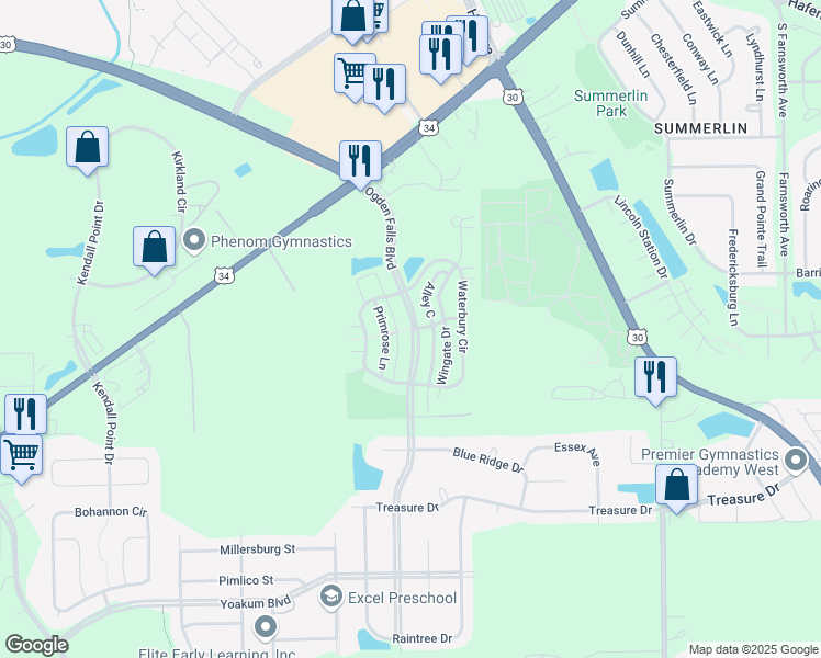 map of restaurants, bars, coffee shops, grocery stores, and more near 335 Ogden Falls Boulevard in Oswego