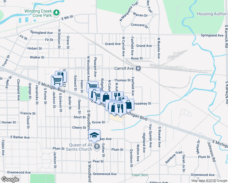 map of restaurants, bars, coffee shops, grocery stores, and more near 144 North Ashland Avenue in Michigan City