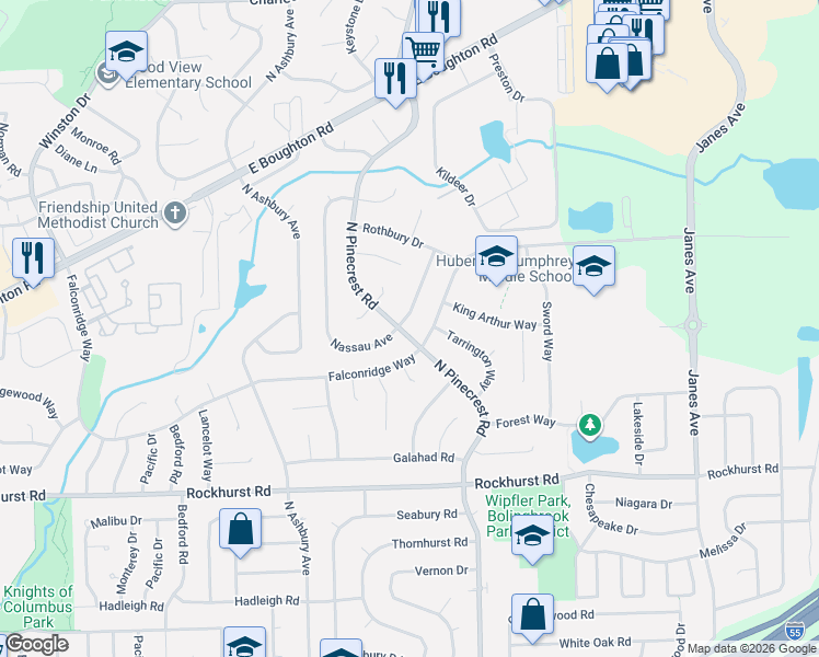 map of restaurants, bars, coffee shops, grocery stores, and more near 388 North Pinecrest Road in Bolingbrook