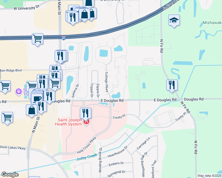map of restaurants, bars, coffee shops, grocery stores, and more near 5510 Getty Court in Granger