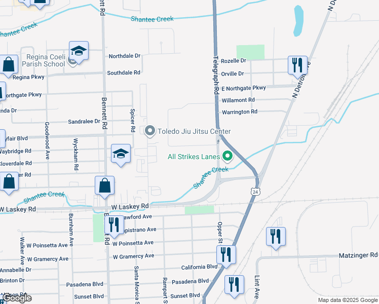 map of restaurants, bars, coffee shops, grocery stores, and more near 5225 Telegraph Road in Toledo