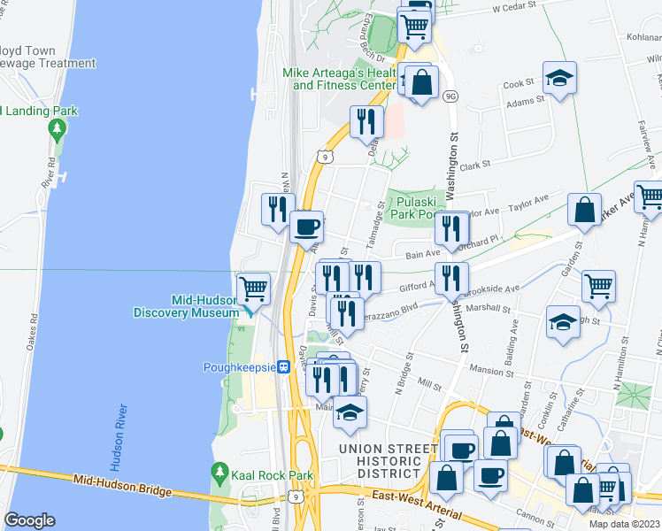 map of restaurants, bars, coffee shops, grocery stores, and more near 22 Delafield Street in Poughkeepsie