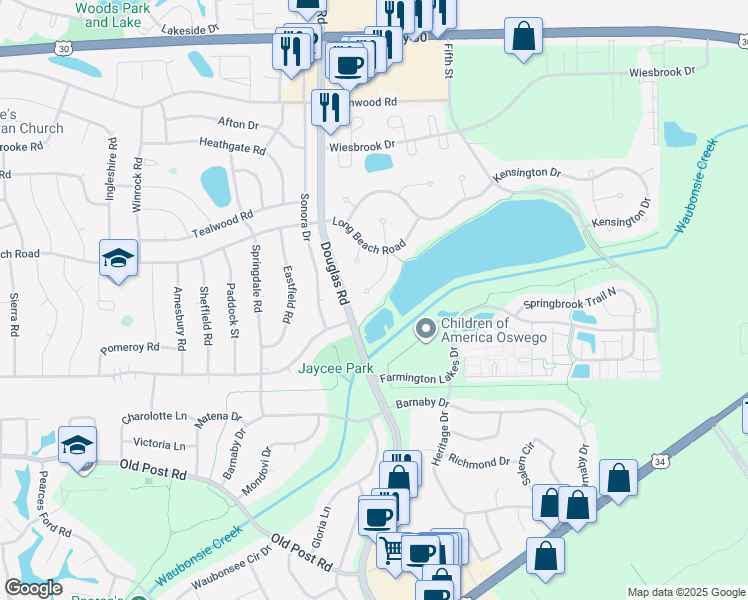 map of restaurants, bars, coffee shops, grocery stores, and more near 615 South Avon Court in Oswego