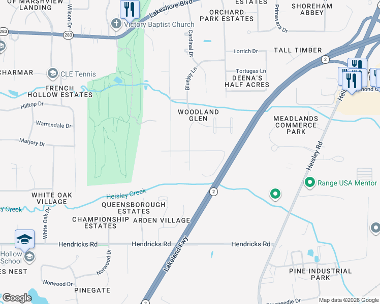 map of restaurants, bars, coffee shops, grocery stores, and more near 5927 Mallard Court in Mentor