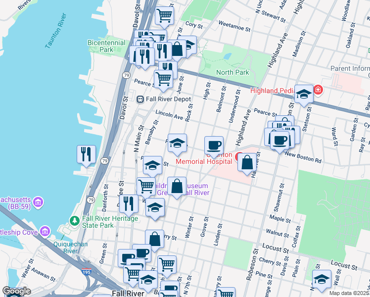 map of restaurants, bars, coffee shops, grocery stores, and more near 660 Rock Street in Fall River