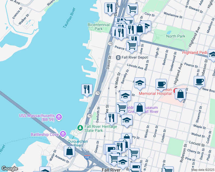map of restaurants, bars, coffee shops, grocery stores, and more near 579 Durfee Street in Fall River