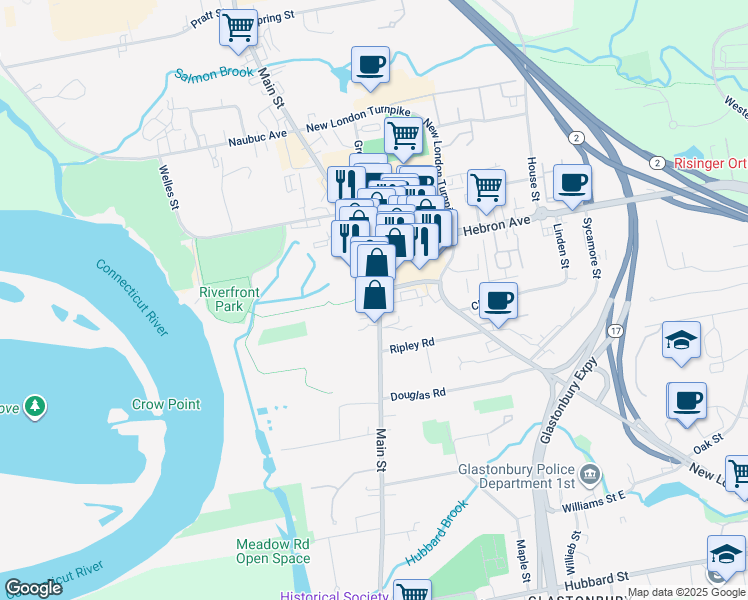 map of restaurants, bars, coffee shops, grocery stores, and more near 2235 Main Street in Glastonbury