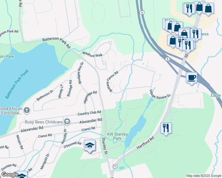 map of restaurants, bars, coffee shops, grocery stores, and more near 164C Brittany Farms Road in New Britain