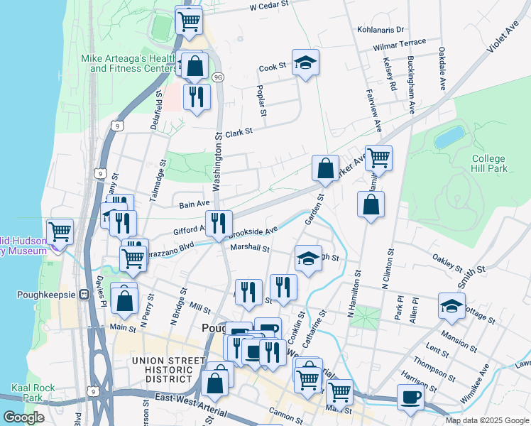 map of restaurants, bars, coffee shops, grocery stores, and more near 5 Brookside Avenue in Poughkeepsie
