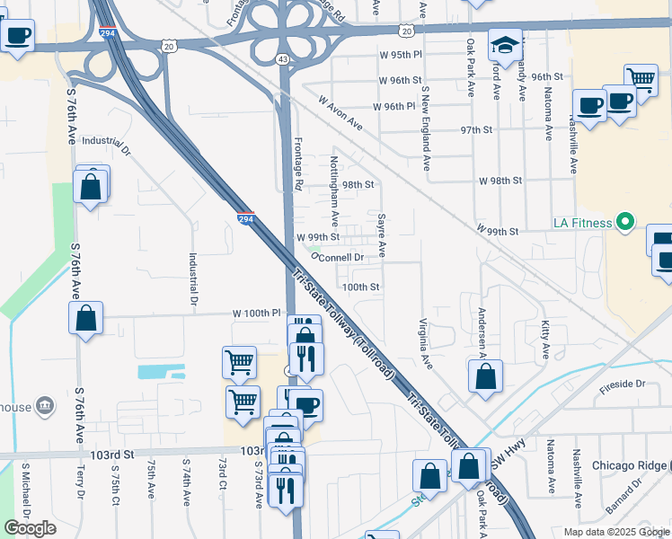 map of restaurants, bars, coffee shops, grocery stores, and more near 9960 Nottingham Avenue in Chicago Ridge