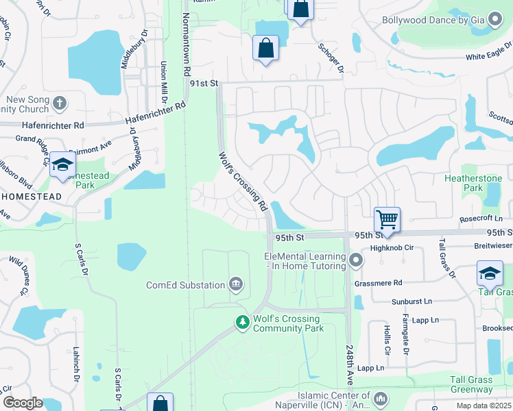 map of restaurants, bars, coffee shops, grocery stores, and more near 2946 Madison Drive in Naperville