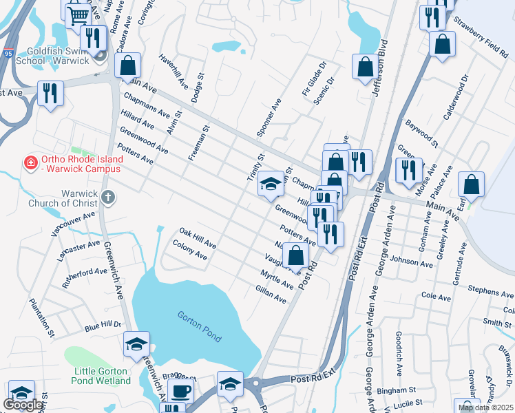 map of restaurants, bars, coffee shops, grocery stores, and more near 93 Sharon Street in Warwick