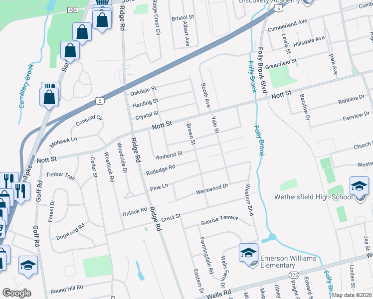 map of restaurants, bars, coffee shops, grocery stores, and more near 124 Amherst Street in Wethersfield