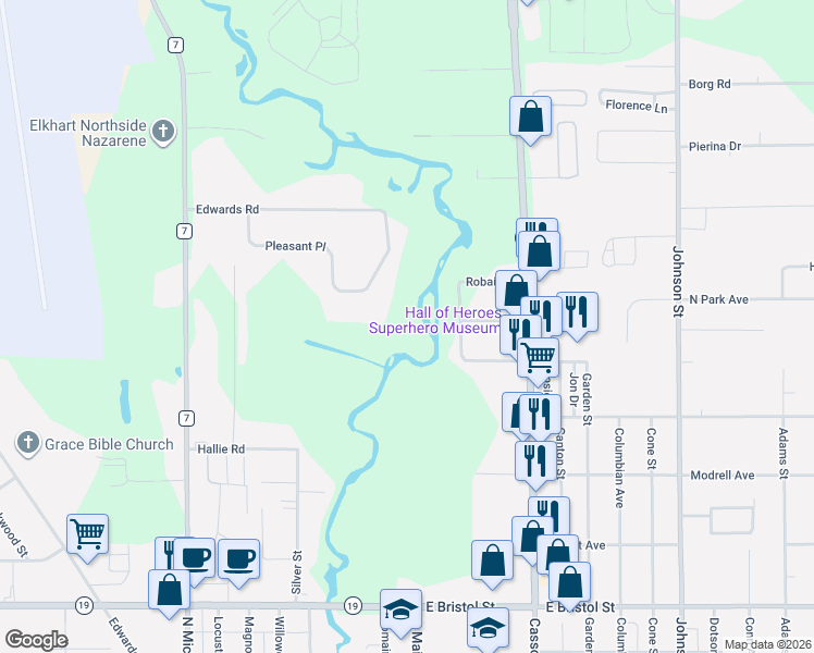 map of restaurants, bars, coffee shops, grocery stores, and more near 53820 Crystal Creek Lane in Elkhart