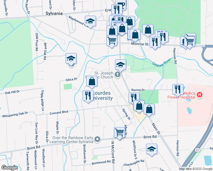 map of restaurants, bars, coffee shops, grocery stores, and more near 6832 Convent Boulevard in Sylvania