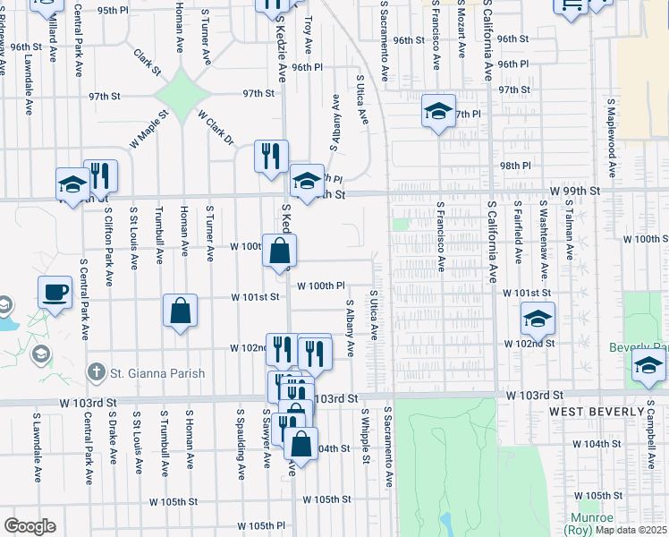 map of restaurants, bars, coffee shops, grocery stores, and more near 3104 West 100th Place in Evergreen Park
