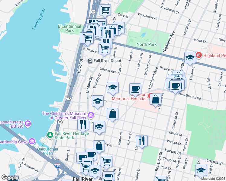 map of restaurants, bars, coffee shops, grocery stores, and more near 682 Rock Street in Fall River