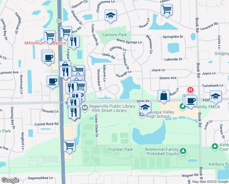 map of restaurants, bars, coffee shops, grocery stores, and more near 2604 Rockport Lane in Naperville
