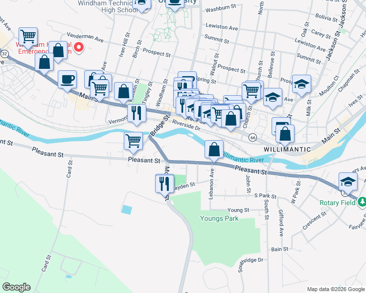 map of restaurants, bars, coffee shops, grocery stores, and more near 335 Pleasant Street in Windham