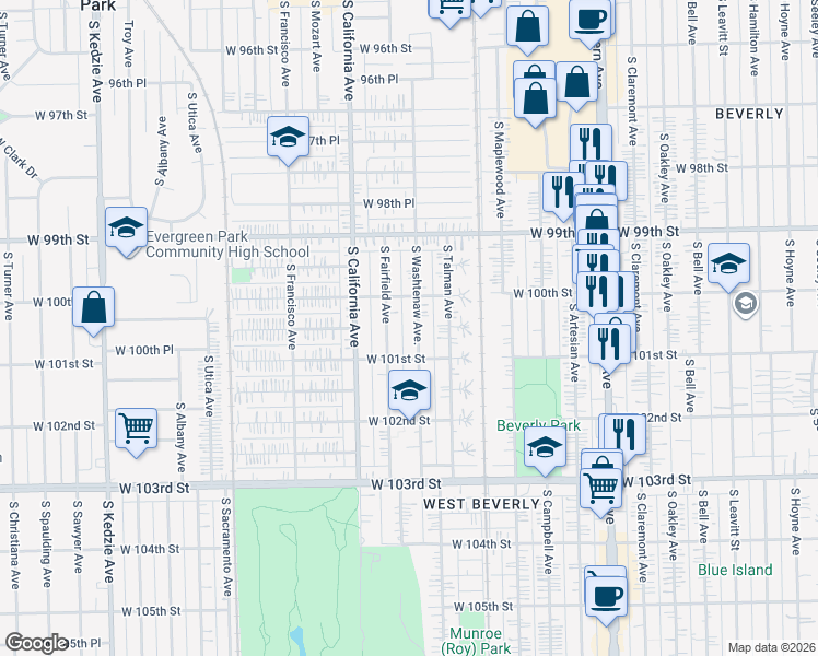 map of restaurants, bars, coffee shops, grocery stores, and more near 10045 South Fairfield Avenue in Chicago