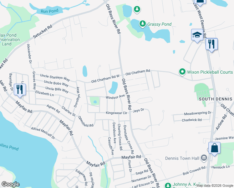 map of restaurants, bars, coffee shops, grocery stores, and more near 21 Windsor Avenue in Dennis