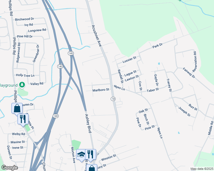 map of restaurants, bars, coffee shops, grocery stores, and more near 1013 Marlborough Street in New Bedford