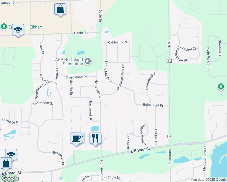 map of restaurants, bars, coffee shops, grocery stores, and more near 23133 Montrose Park Drive South in Elkhart