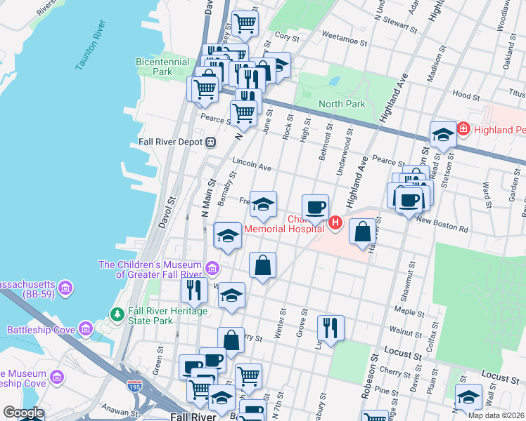map of restaurants, bars, coffee shops, grocery stores, and more near 682 Rock Street in Fall River