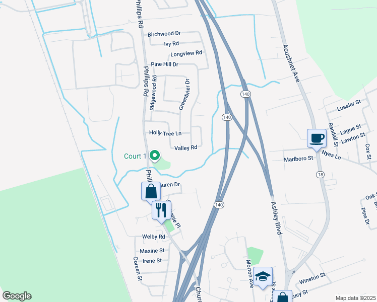 map of restaurants, bars, coffee shops, grocery stores, and more near 404 Valley Road in New Bedford
